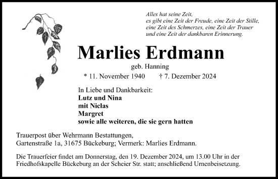 Traueranzeige von Marlies Erdmann von Schaumburger Nachrichten