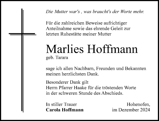 Traueranzeige von Marlies Hoffmann