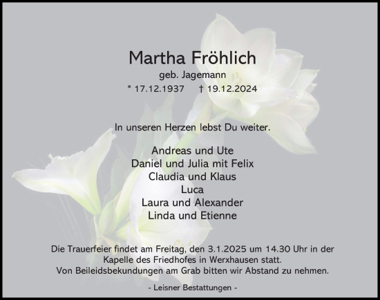 Traueranzeige von Martha Fröhlich von Eichsfelder Tageblatt