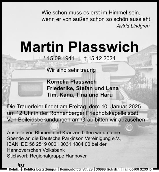 Traueranzeige von Martin Plasswich von Hannoversche Allgemeine Zeitung/Neue Presse