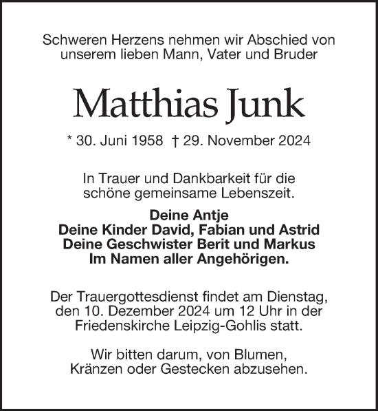 Traueranzeige von Matthias Junk von Leipziger Volkszeitung