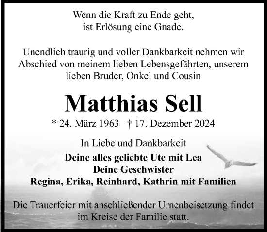 Traueranzeige von Matthias Sell von Ostsee-Zeitung GmbH