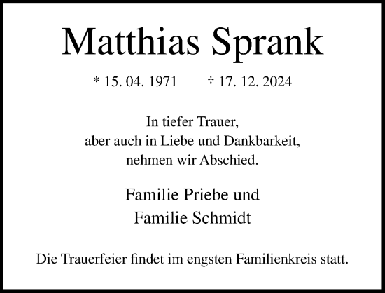 Traueranzeige von Matthias Sprank von Lübecker Nachrichten