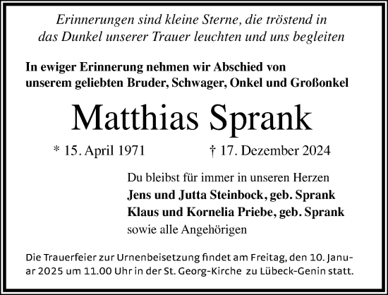 Traueranzeige von Matthias Sprank von Lübecker Nachrichten