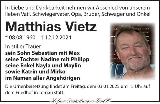 Traueranzeige von Matthias Vietz von Torgauer Zeitung