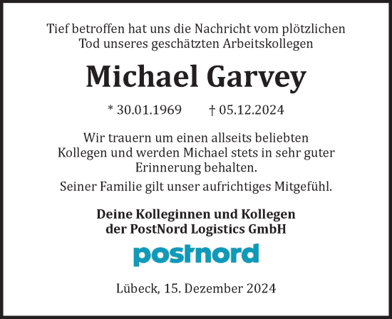 Traueranzeige von Michael Garvey von Lübecker Nachrichten