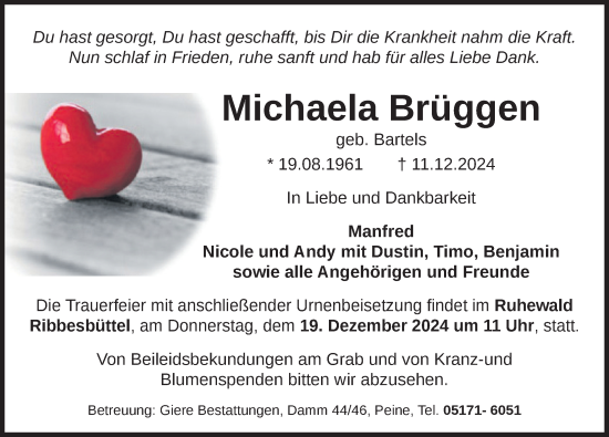 Traueranzeige von Michaela Brüggen von Peiner Allgemeine Zeitung