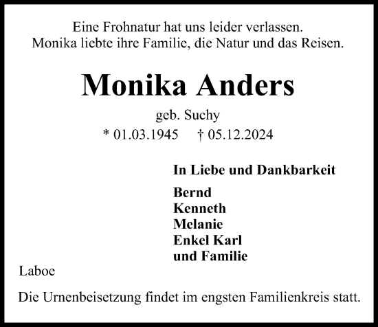 Traueranzeige von Monika Anders von Kieler Nachrichten