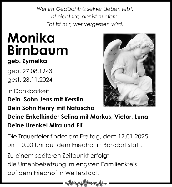 Traueranzeige von Monika Birnbaum von Leipziger Volkszeitung