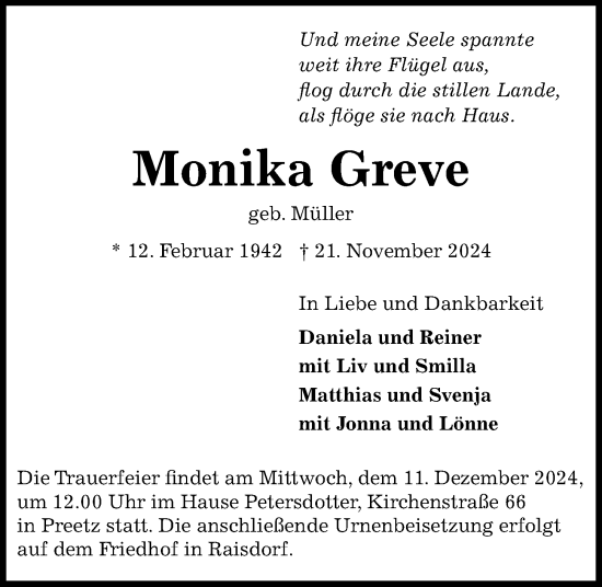 Traueranzeige von Monika Greve von Kieler Nachrichten