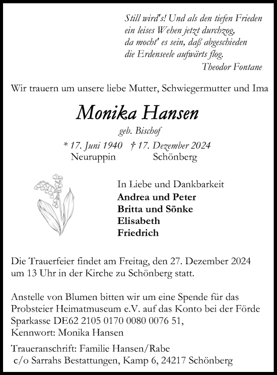 Traueranzeige von Monika Hansen von Kieler Nachrichten