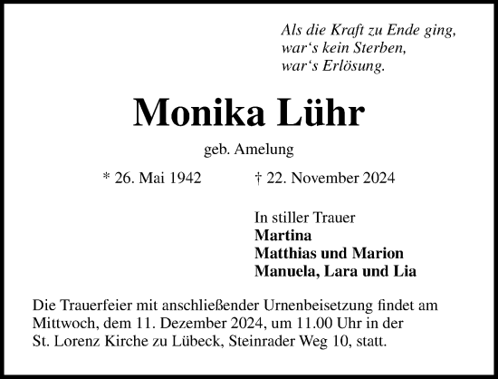 Traueranzeige von Monika Lühr von Lübecker Nachrichten