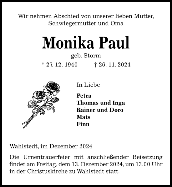 Traueranzeige von Monika Paul von Kieler Nachrichten