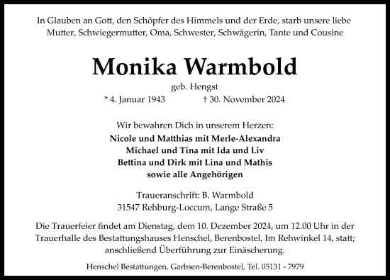 Traueranzeige von Monika Warmbold von Schaumburger Nachrichten