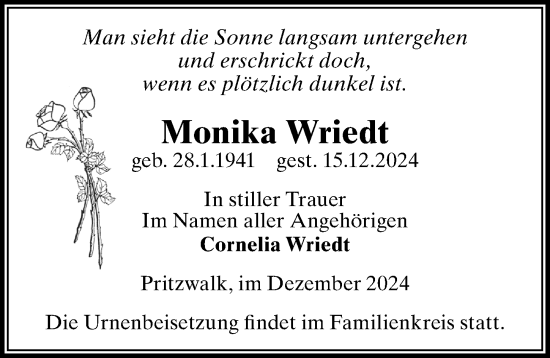 Traueranzeige von Monika Wriedt von Wochenspiegel