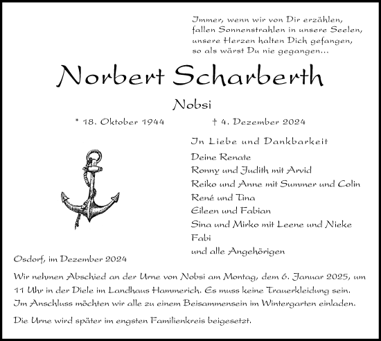 Traueranzeige von Norbert Scharberth von Kieler Nachrichten