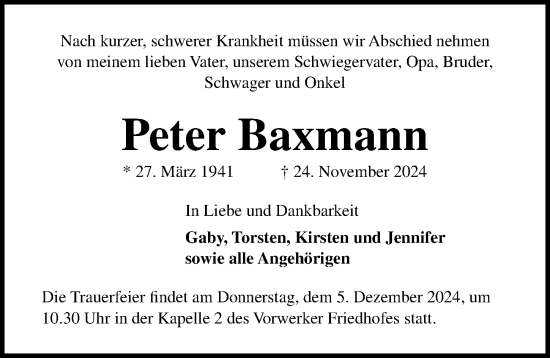 Traueranzeige von Peter Baxmann von Lübecker Nachrichten