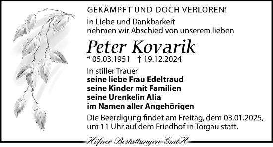 Traueranzeige von Peter Kovarik von Torgauer Zeitung