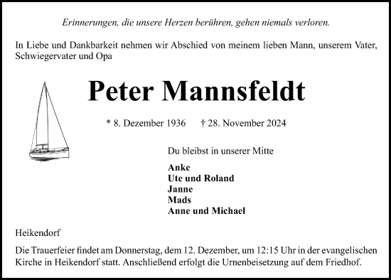 Traueranzeige von Peter Mannsfeldt von Kieler Nachrichten