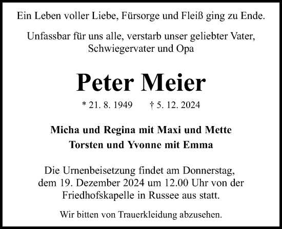 Traueranzeige von Peter Meier von Kieler Nachrichten