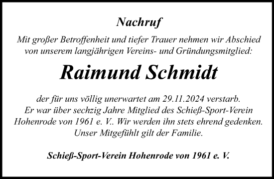 Traueranzeige von Raimund Schmidt von Schaumburger Nachrichten und Schaumburger Zeitung/ Landes-Zeitung