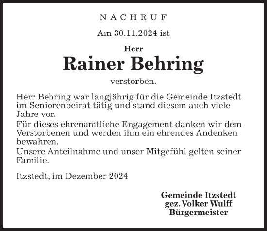 Traueranzeige von Rainer Behring von Kieler Nachrichten