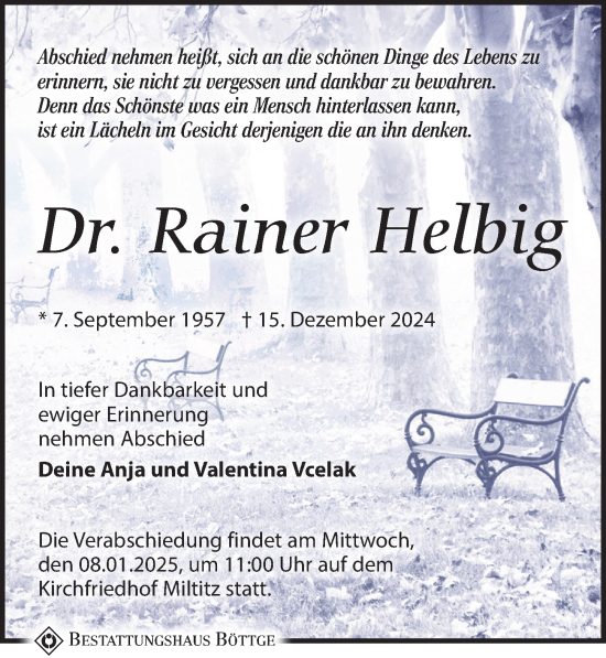 Traueranzeige von Rainer Helbig von Leipziger Volkszeitung