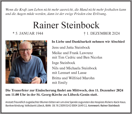 Traueranzeige von Rainer Steinbock von Lübecker Nachrichten