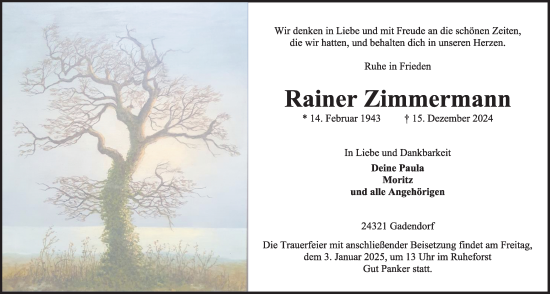 Traueranzeige von Rainer Zimmermann von Kieler Nachrichten