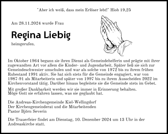 Traueranzeige von Regina Liebig von Kieler Nachrichten