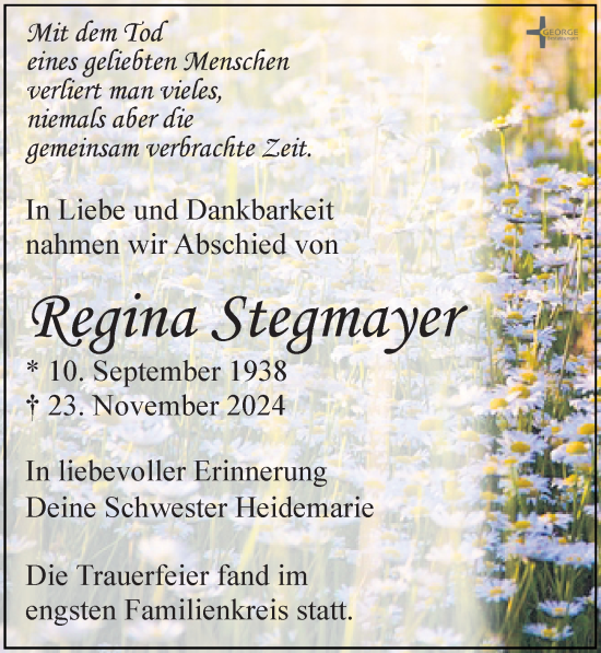 Traueranzeige von Regina Stegmayer von Leipziger Volkszeitung