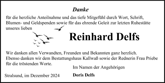 Traueranzeige von Reinhard Delfs von Ostsee-Zeitung GmbH