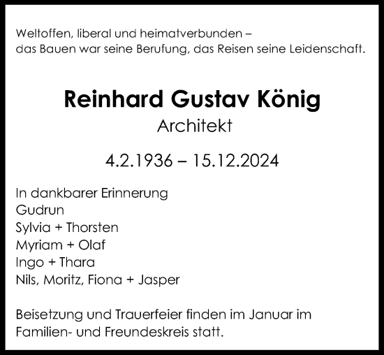 Traueranzeige von Reinhard Gustav König von Hannoversche Allgemeine Zeitung/Neue Presse