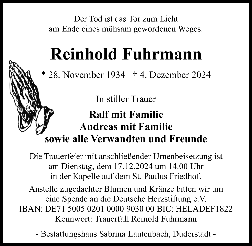  Traueranzeige für Reinhold Fuhrmann vom 14.12.2024 aus Eichsfelder Tageblatt