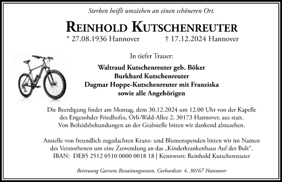 Traueranzeige von Reinhold Kutschenreuter von Hannoversche Allgemeine Zeitung/Neue Presse