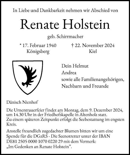 Traueranzeige von Renate Holstein von Kieler Nachrichten