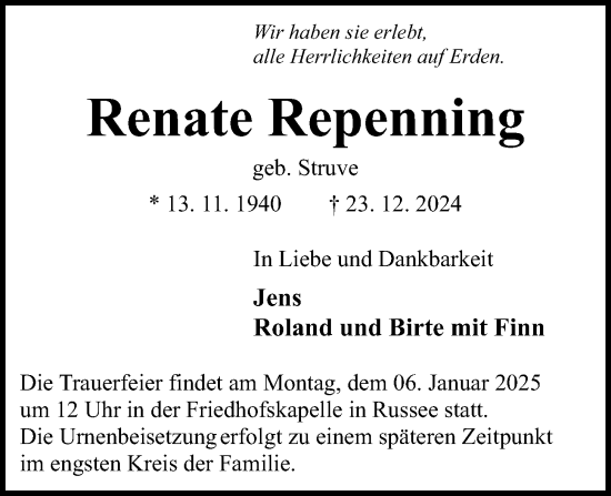 Traueranzeige von Renate Repenning von Kieler Nachrichten