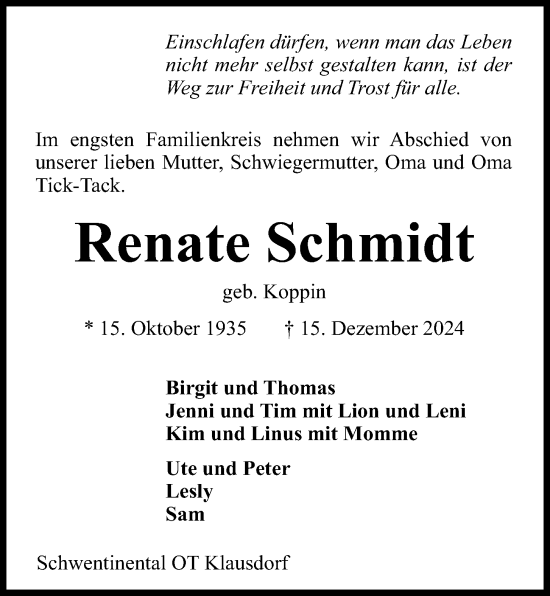 Traueranzeige von Renate Schmidt von Kieler Nachrichten