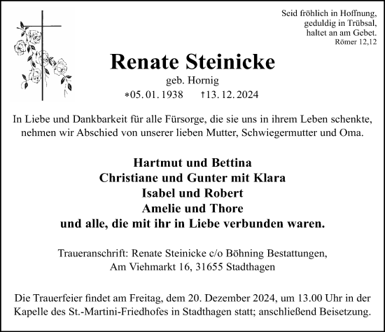 Traueranzeige von Renate Steinicke von Schaumburger Nachrichten