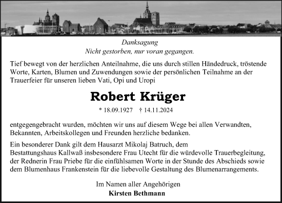 Traueranzeige von Robert Krüger von Ostsee-Zeitung GmbH