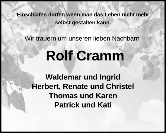 Traueranzeige von Rolf Cramm von Peiner Allgemeine Zeitung