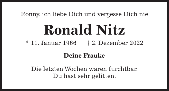 Traueranzeige von Ronald Nitz von Kieler Nachrichten