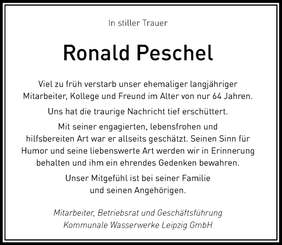 Traueranzeige von Ronald Peschel von Leipziger Volkszeitung