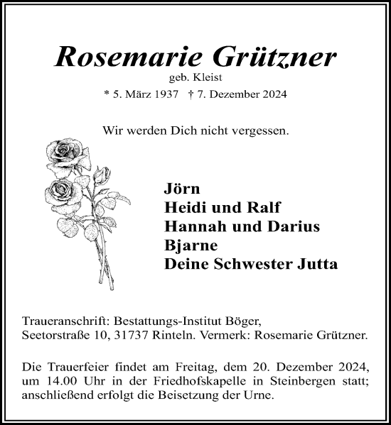 Traueranzeige von Rosemarie Grützner von Schaumburger Nachrichten und Schaumburger Zeitung/ Landes-Zeitung