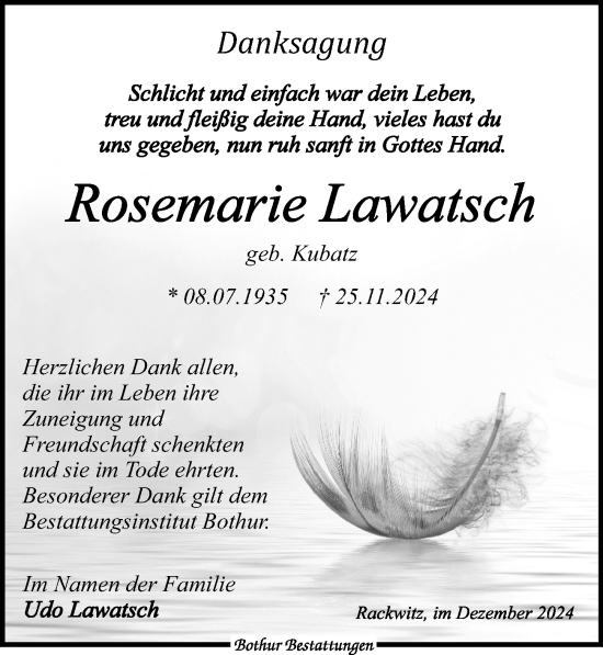 Traueranzeige von Rosemarie Lawatsch von Leipziger Volkszeitung