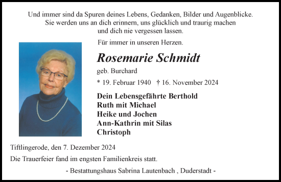 Traueranzeige von Rosemarie Schmidt von Eichsfelder Tageblatt