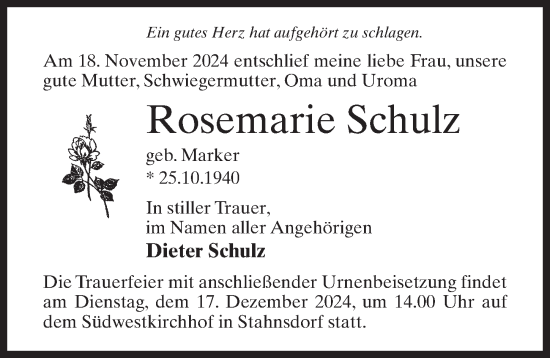 Traueranzeige von Rosemarie Schulz von Märkischen Allgemeine Zeitung