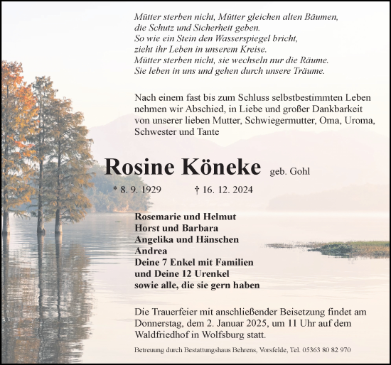 Traueranzeige von Rosine Köneke von Aller Zeitung