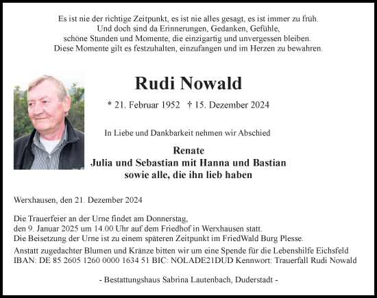 Traueranzeige von Rudi Nowald von Eichsfelder Tageblatt