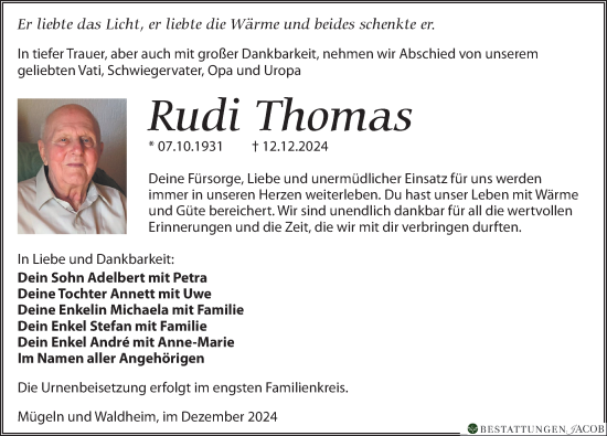 Traueranzeige von Rudi Thomas von Leipziger Volkszeitung